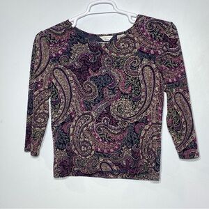 Laura Ashley Blouse Women' Petite M Fushia Gold Paisley 3/4 Sleeve Pullover Top